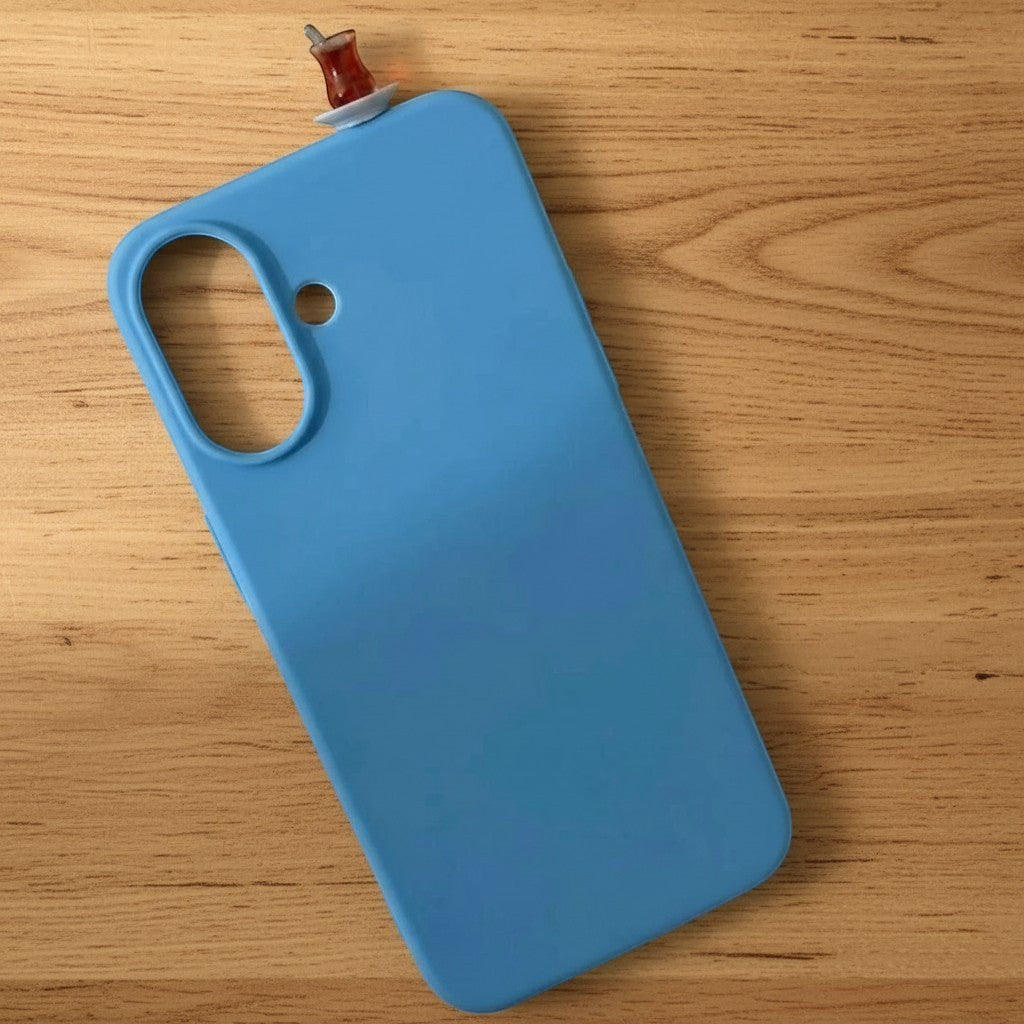 digitaley.co blue silicone iPhone case with a miniature tea glass motif, slim-waist design.