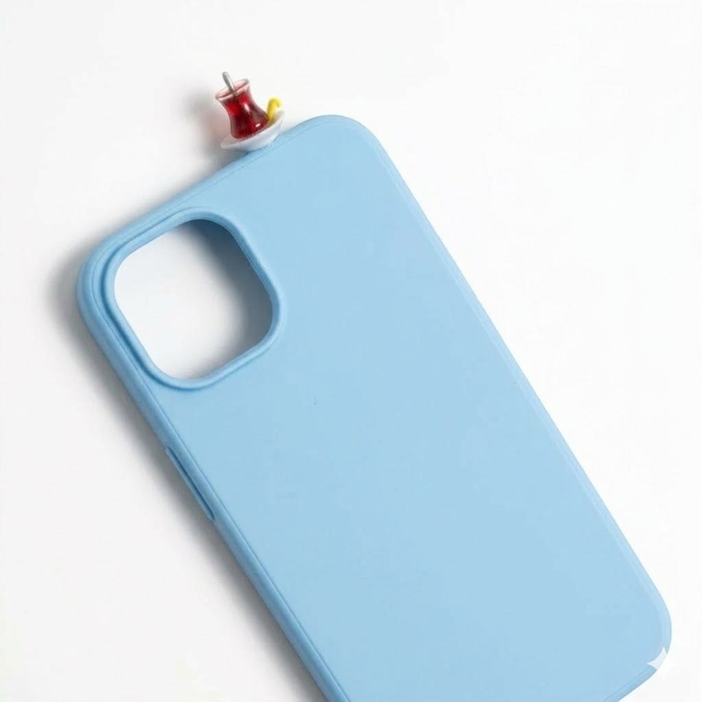 digitaley.co light blue phone case with 3D miniature Turkish tea glass and saucer accessory.
