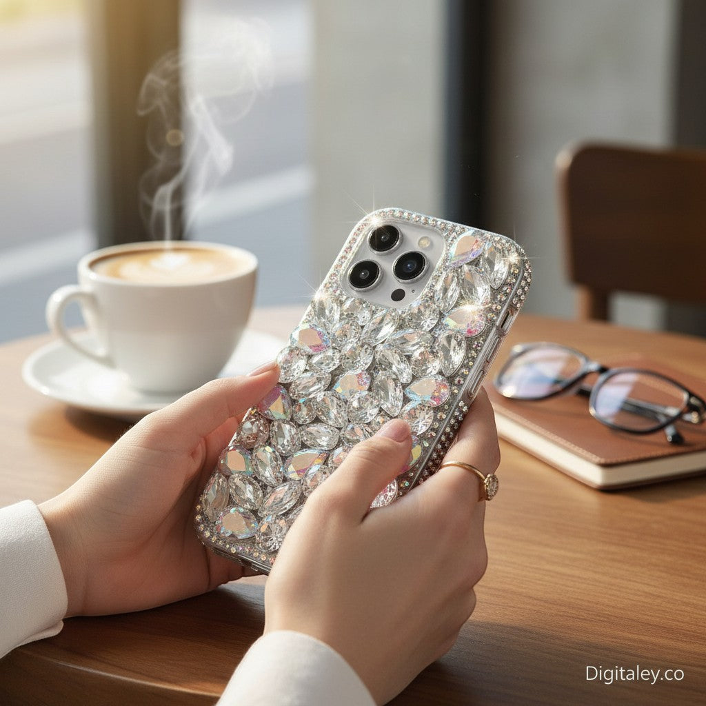 DIGITALEY.CO iPhone 15 Pro case with iridescent crystals and rhinestones. Handcrafted luxury bling diamond cover.