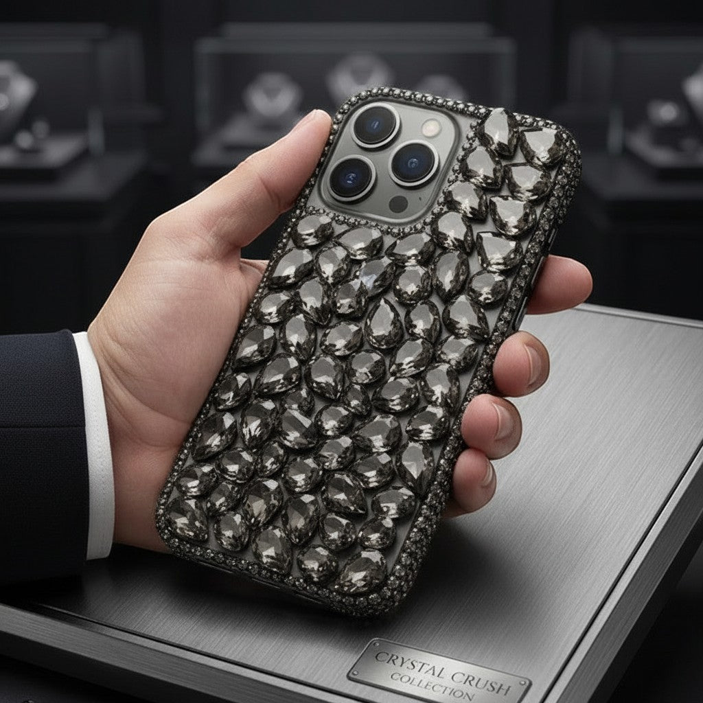 Digitaley.co iPhone 15 Pro Max case with teardrop crystals and micro-rhinestones in midnight black.