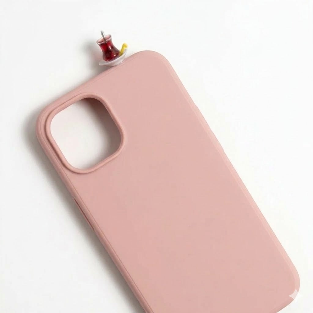 digitaley.co pink phone case with 3D miniature Turkish tea glass and saucer accessory