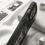 DigitaleyHub Smart-Ink customizable E-Ink photo case for iPhone, black, NFC powered, with QR code.