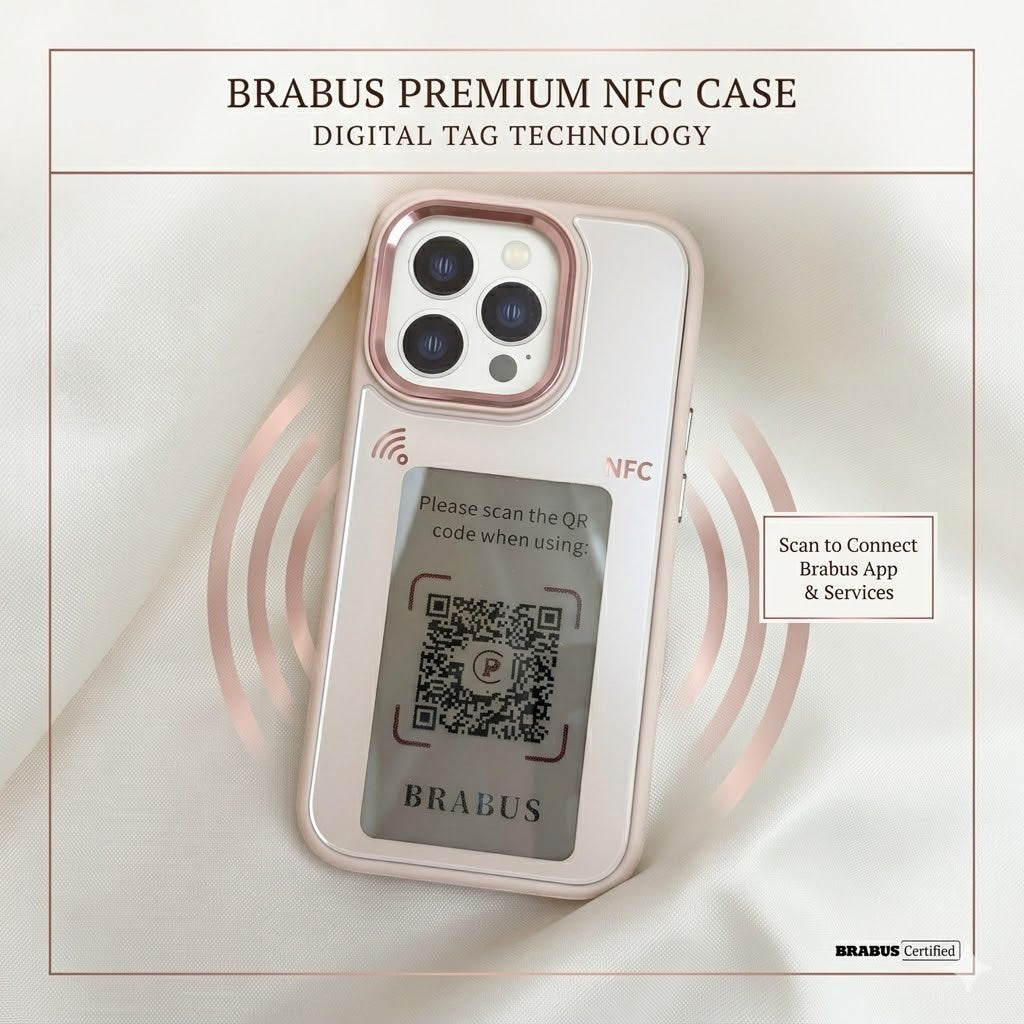digitaley.co Smart-Ink NFC iPhone case in rose gold with customizable E-Ink display showing a QR code.