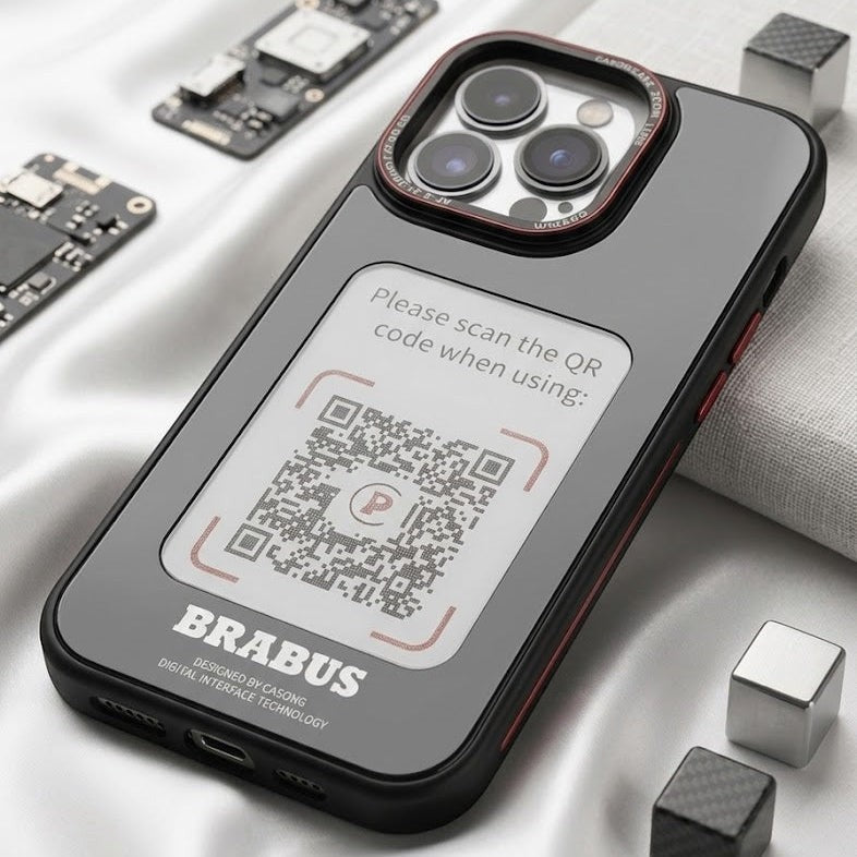 digitaley.co Smart-Ink customizable E-Ink photo case for iPhone with NFC technology and QR code display.