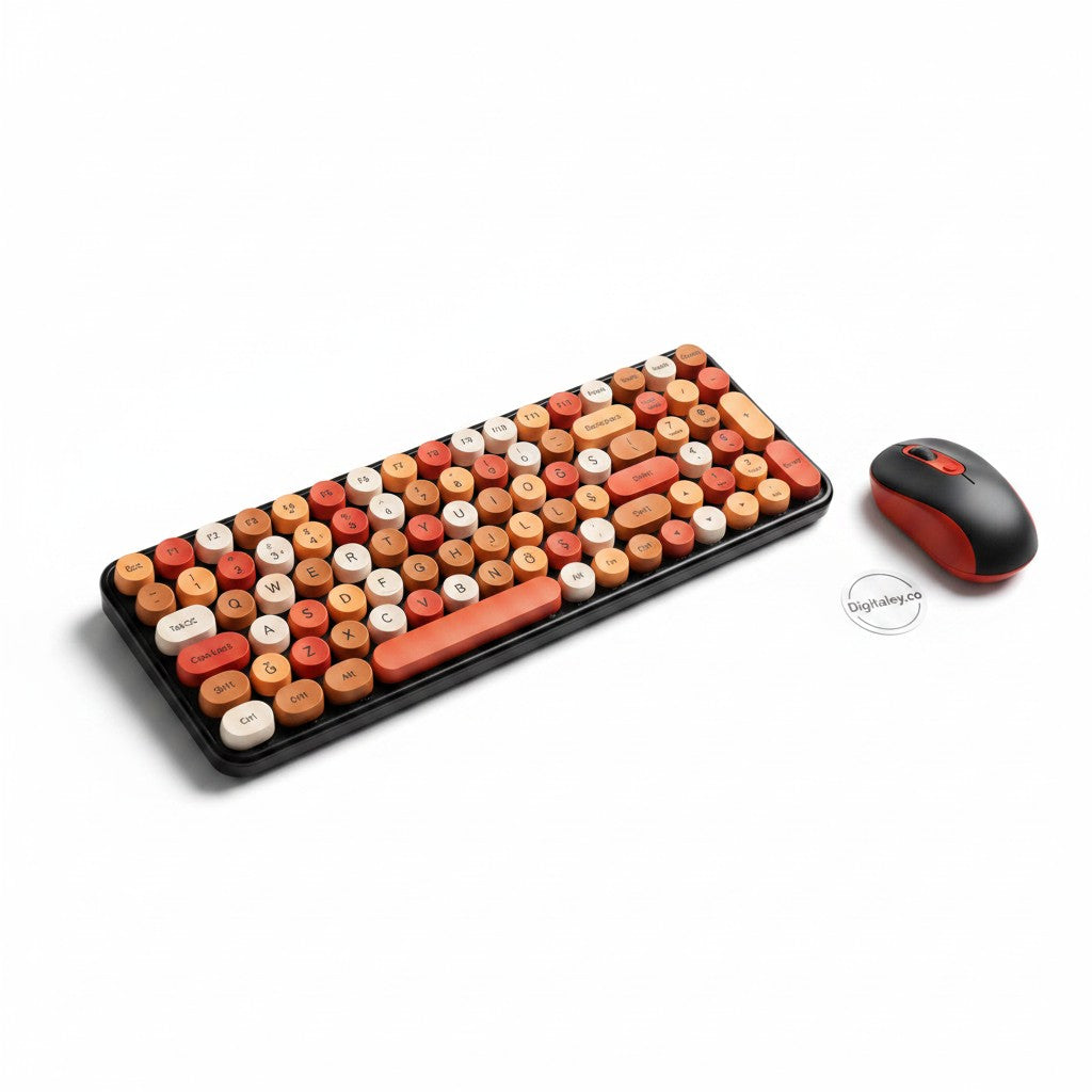 digitaley.co Sunset Glow retro wireless keyboard and mouse set with round, typewriter-style keycaps in orange, cream, and red.