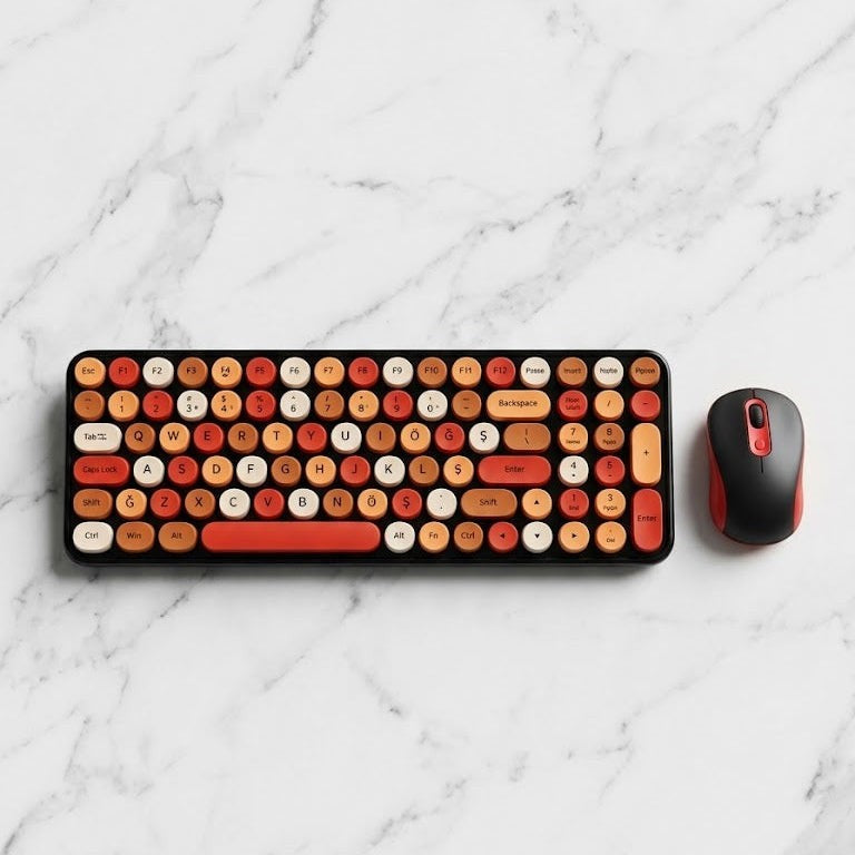 digitaley.co Sunset Glow retro wireless keyboard and mouse set with round, typewriter-style keycaps in orange, cream, and red.