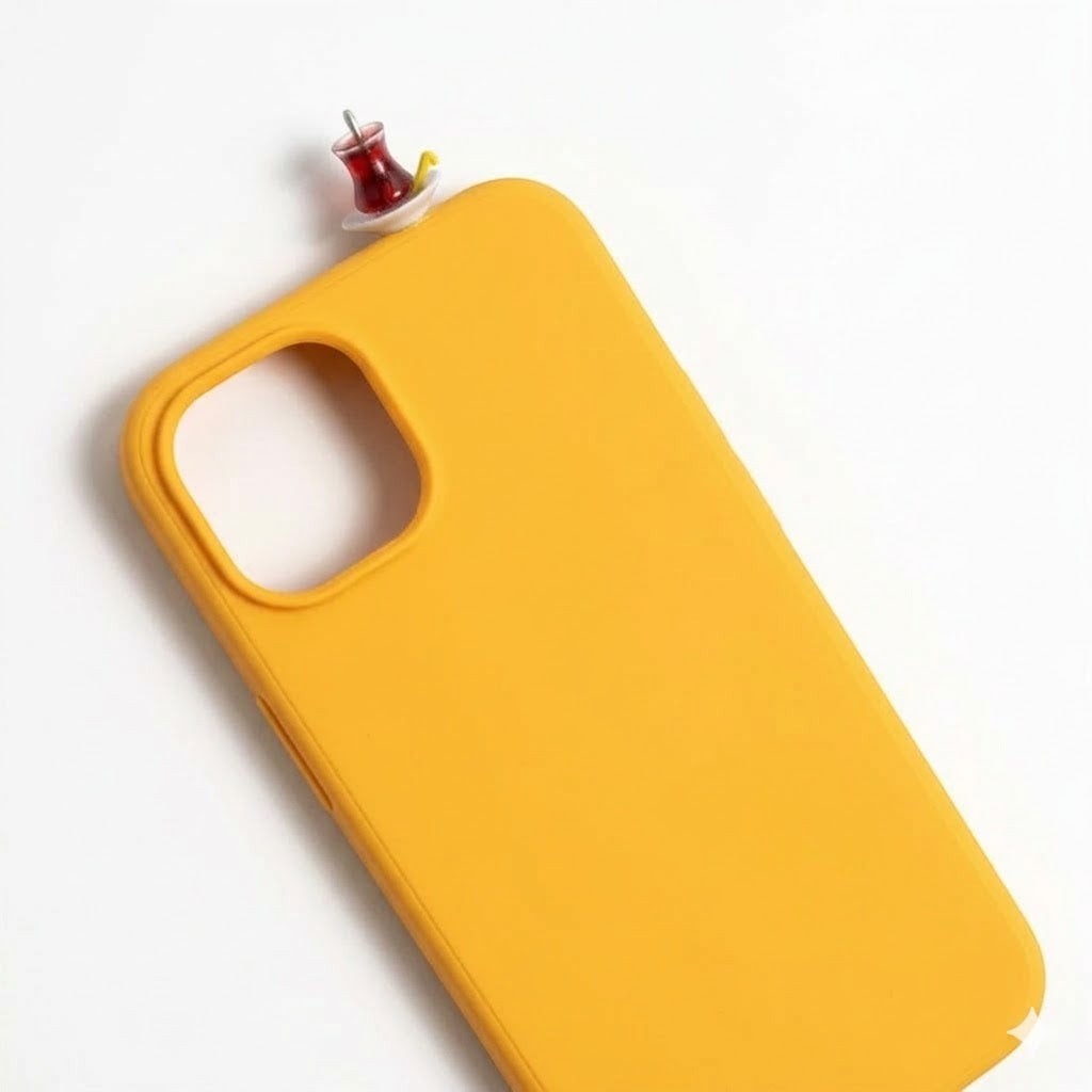 digitaley.co yellow phone case with 3D miniature Turkish tea glass and saucer accessory
