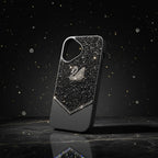 digitaley.co dark grey iPhone case with sparkling crystal embellishments and a white swan motif.