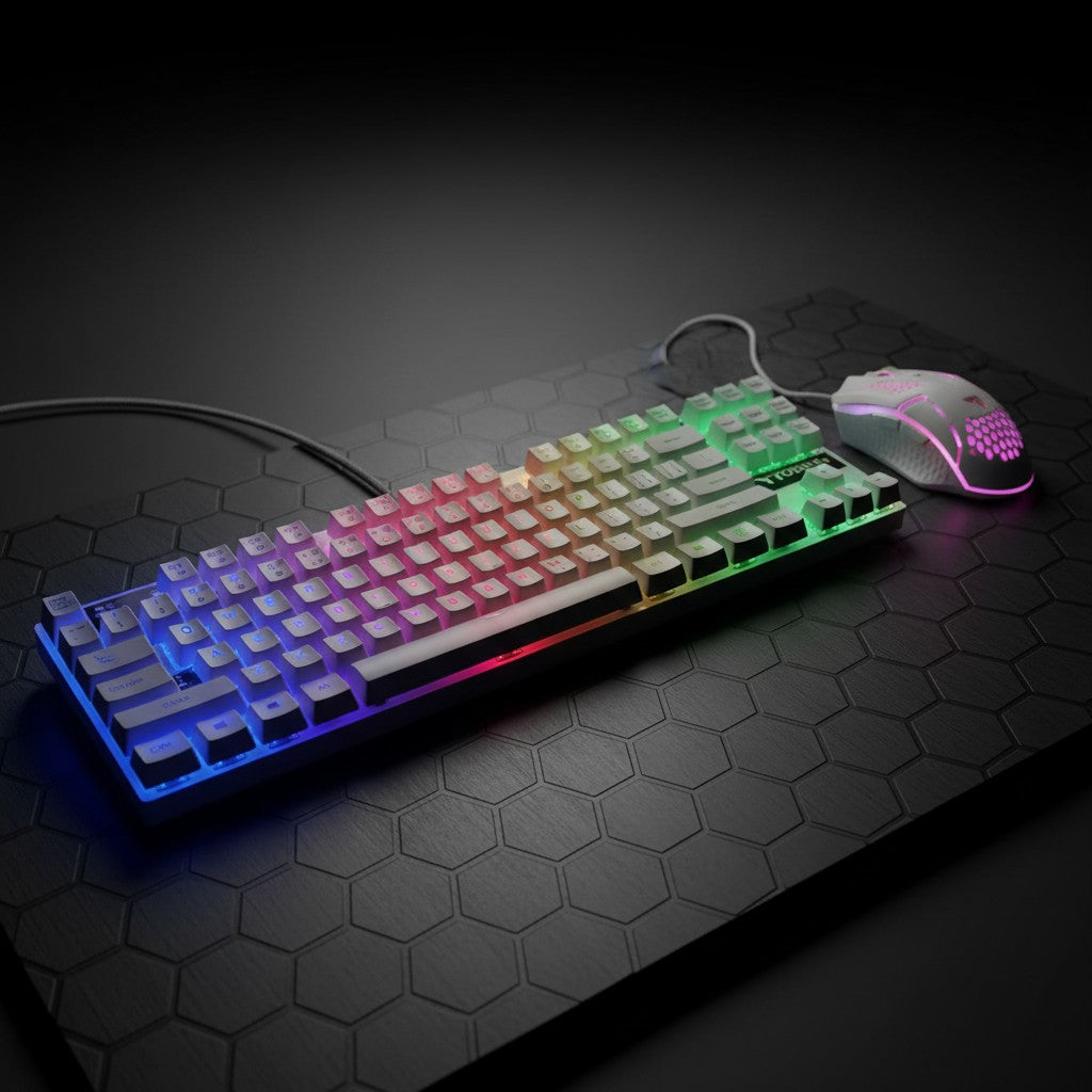 digitaley.co RGB gaming keyboard with rainbow backlighting and honeycomb ergonomic mouse with purple lighting.