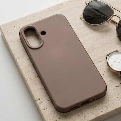 digitaley.co coffee brown minimalist silicone phone case with velvet lining and raised camera protection.