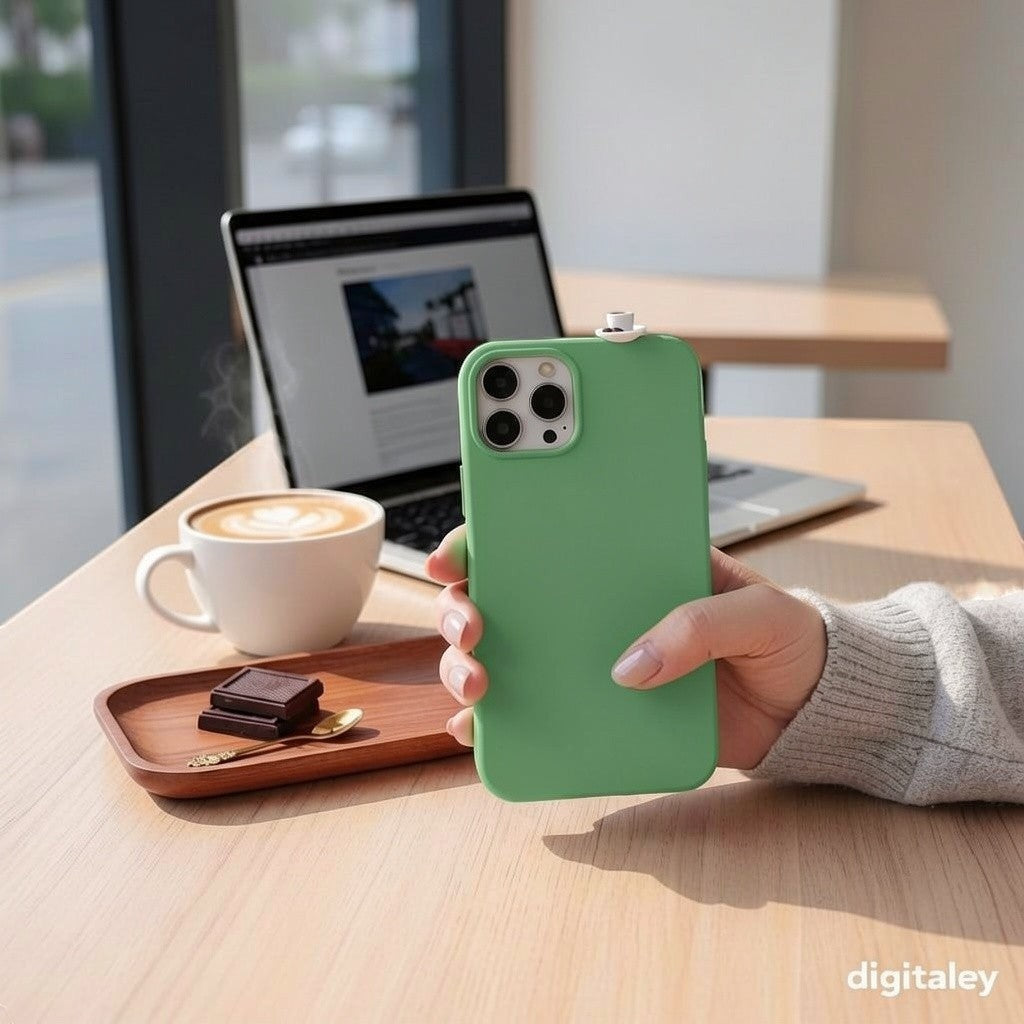 digitaley.co green iPhone case with 3D miniature Turkish coffee cup and chocolate charm.
