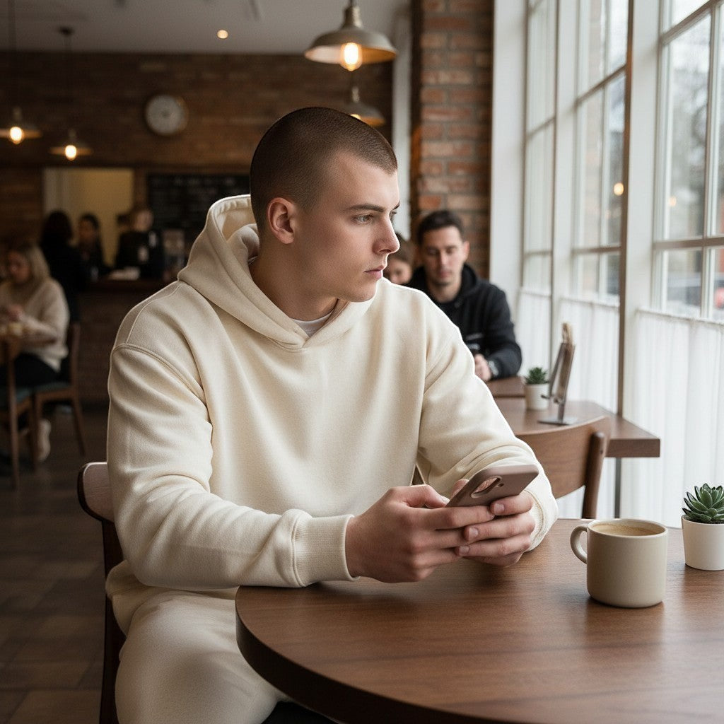 Young man in cream hoodie holding a coffee brown phone case in a cafe.