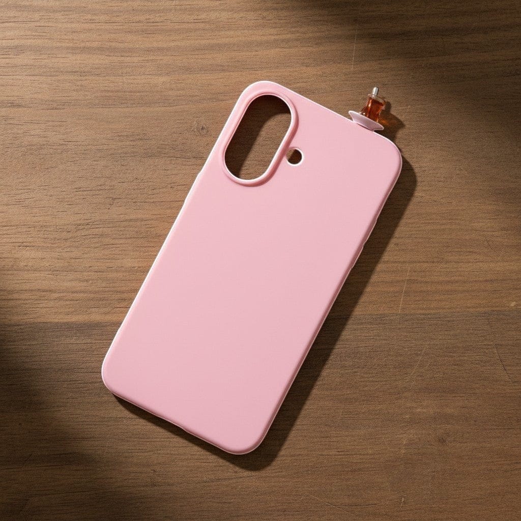 digitaley.co pink silicone phone case with a slim-waist tea glass motif on a wooden background.