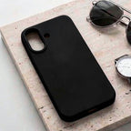 digitaley.co black minimalist silicone phone case with velvet lining and raised camera protection.