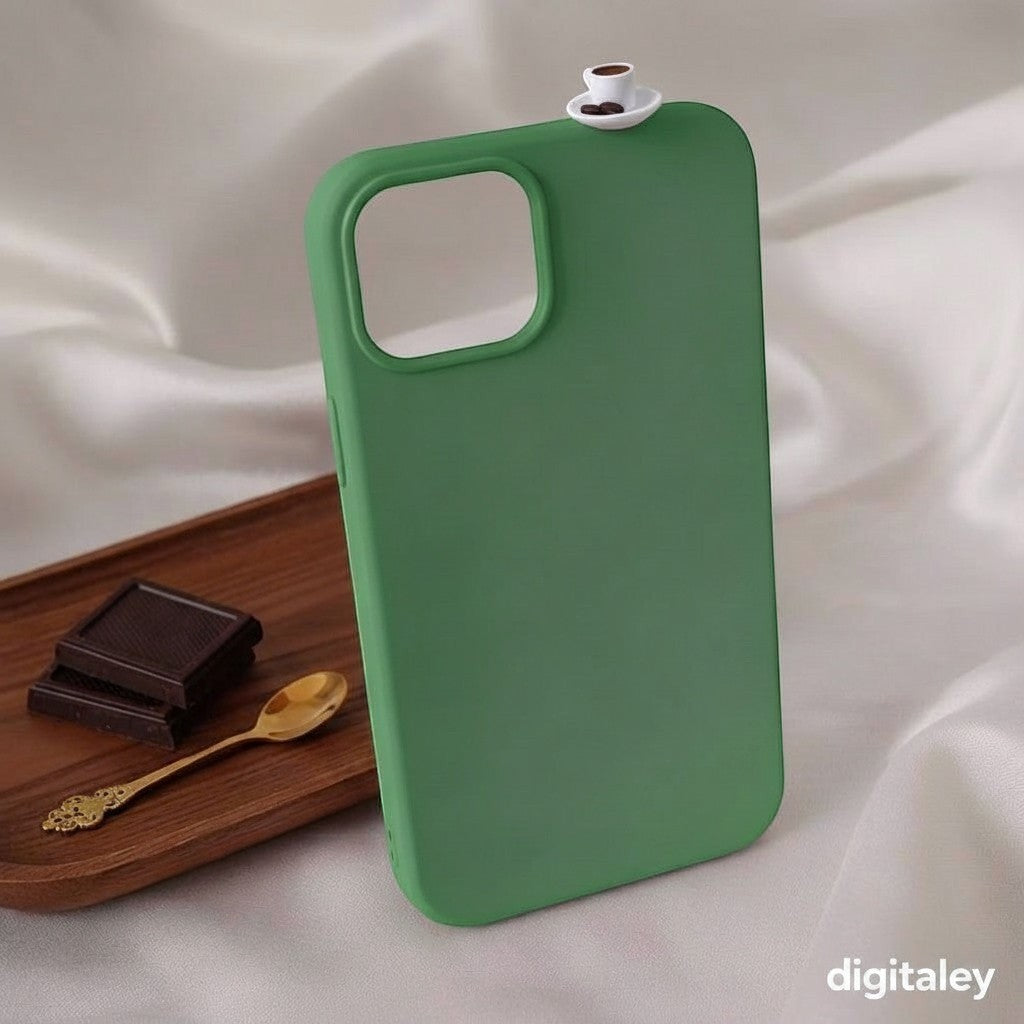 Green phone case with a 3D miniature Turkish coffee cup and chocolate charm. digitaley.co