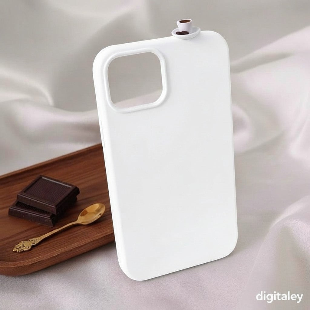 digitaley.co white phone case with 3D miniature Turkish coffee cup and chocolate charm. Realistic coffee beans in cup.