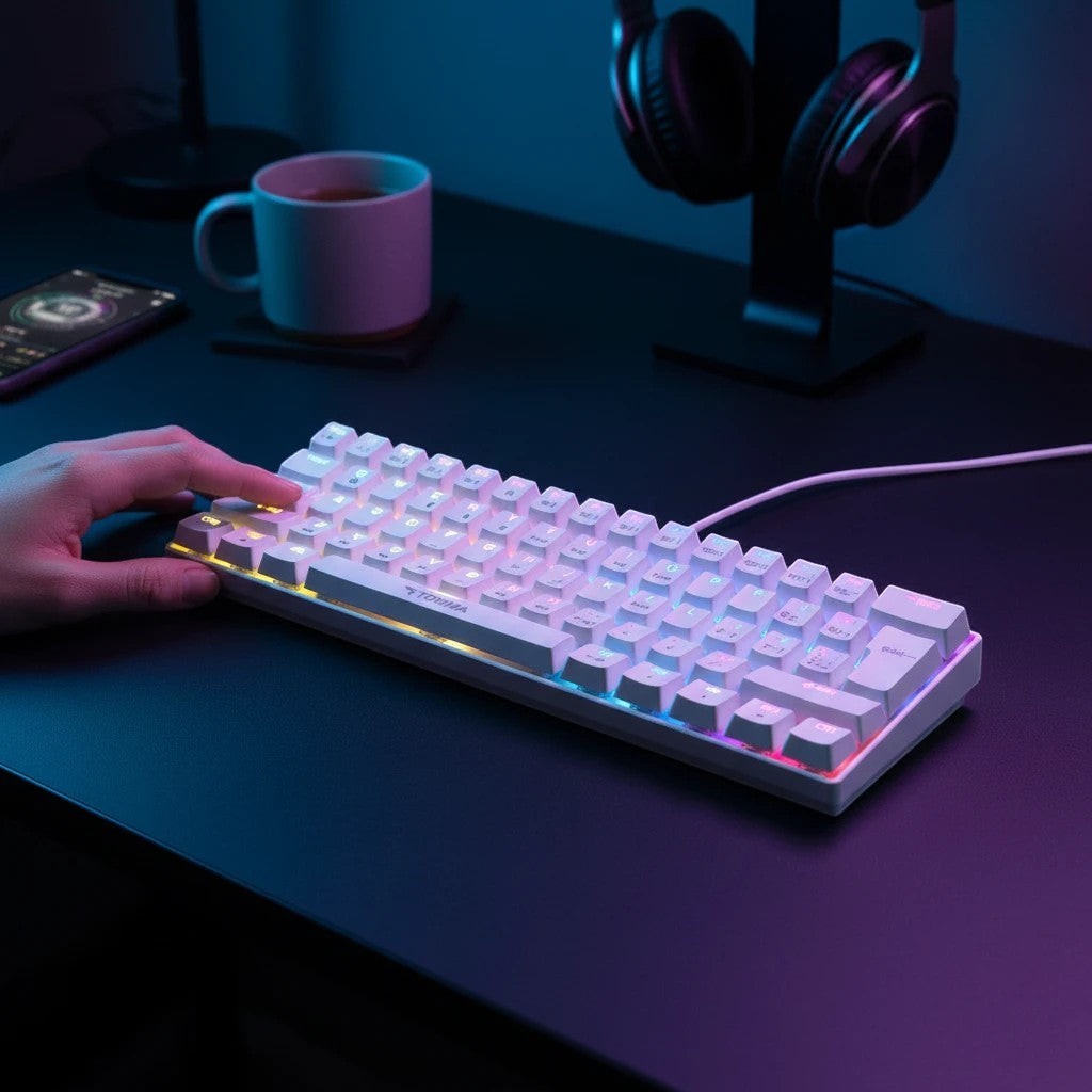 digitaley.co white compact 60% mechanical keyboard with vibrant RGB backlighting, ideal for gaming setups.