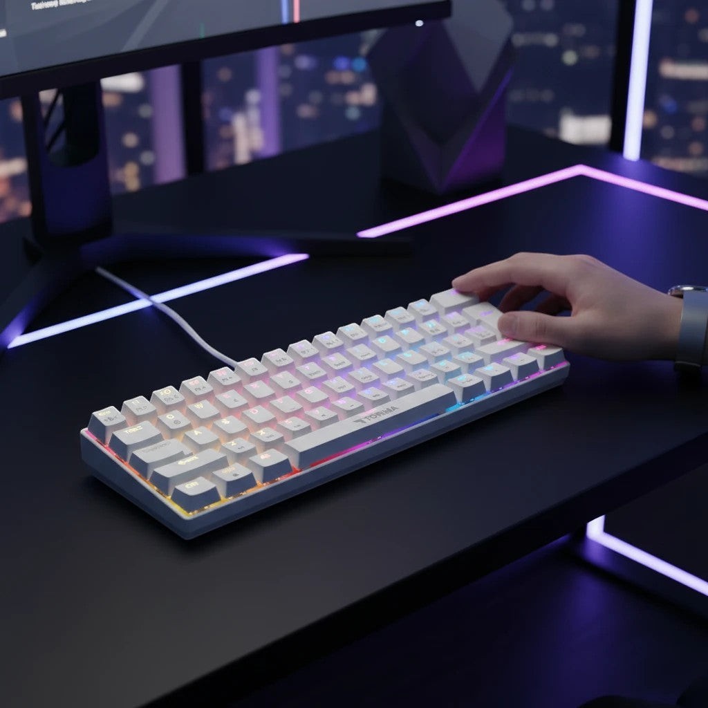 Digitaley.co white compact 60% mechanical keyboard with vibrant RGB backlighting on a desk.