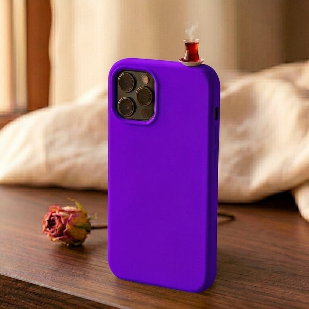 digitaley.co purple silicone iPhone case with a 3D tea glass motif on top. Features slim-waist design and premium shock absorption.