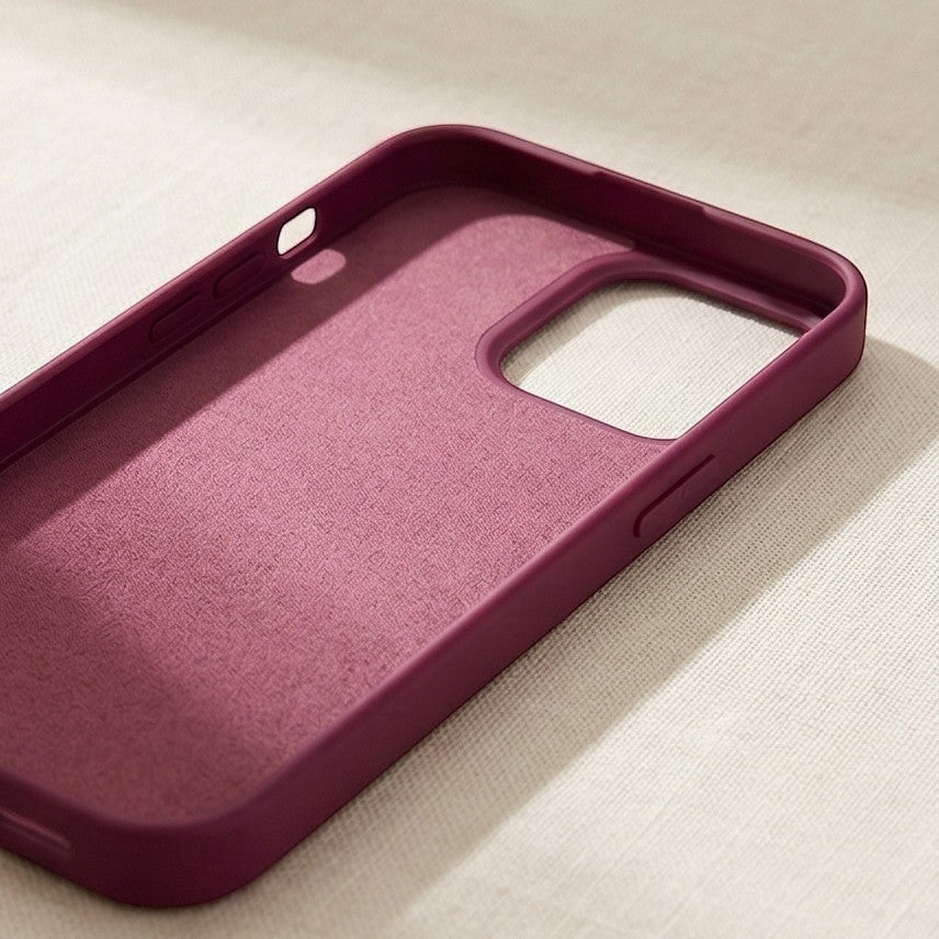 digitaley.co Fuchsia soft-matte silicone phone case with velvet lining and raised bezel for camera protection.