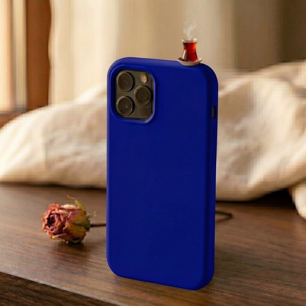 digitaley.co blue premium silicone iPhone case with a 3D tea glass motif and steam detail.