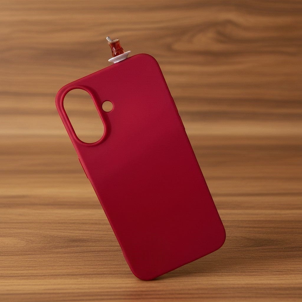 digitaley.co red premium silicone iPhone case with a miniature tea glass motif on the back.