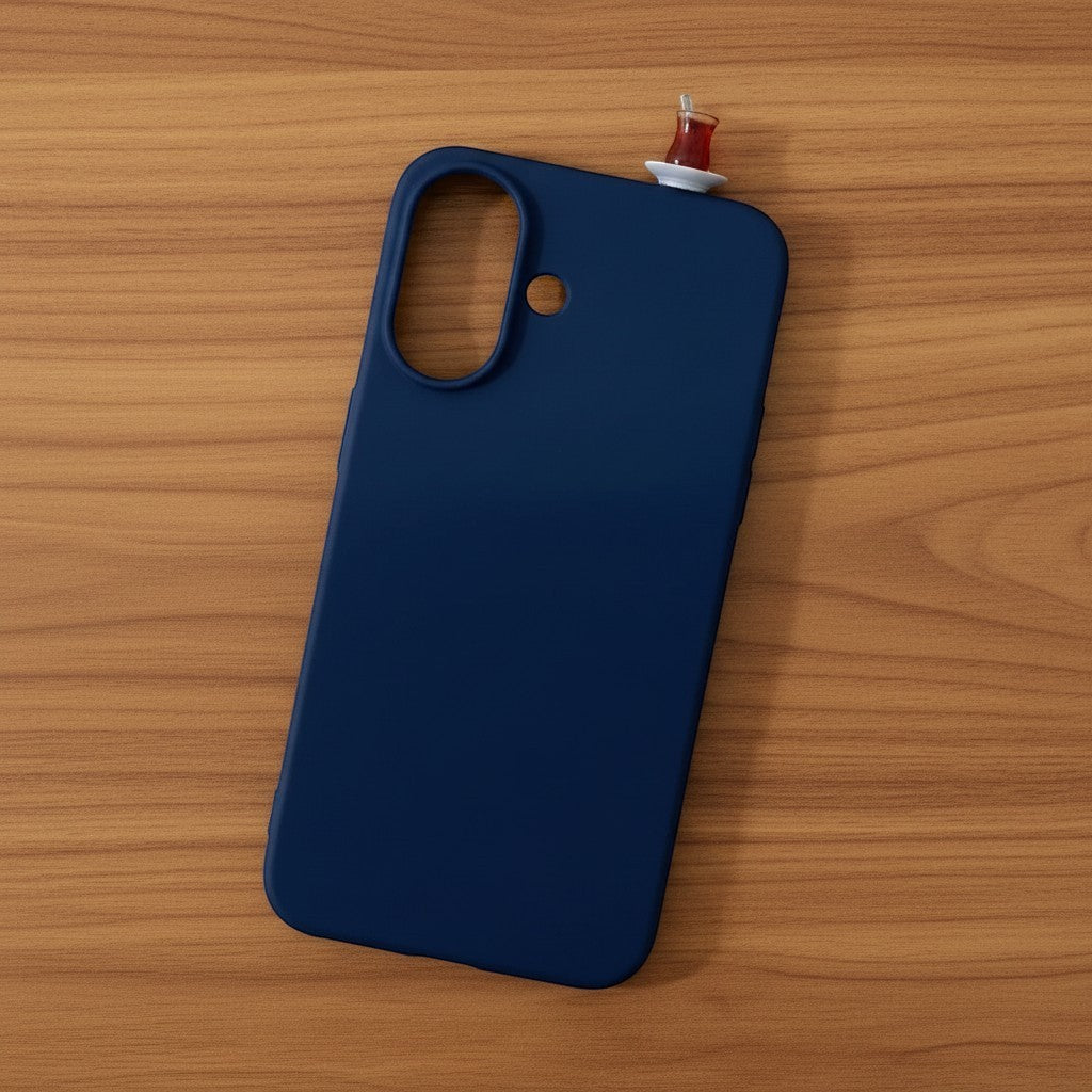 digitaley.co navy blue silicone iPhone case with a miniature tea glass motif on the back.