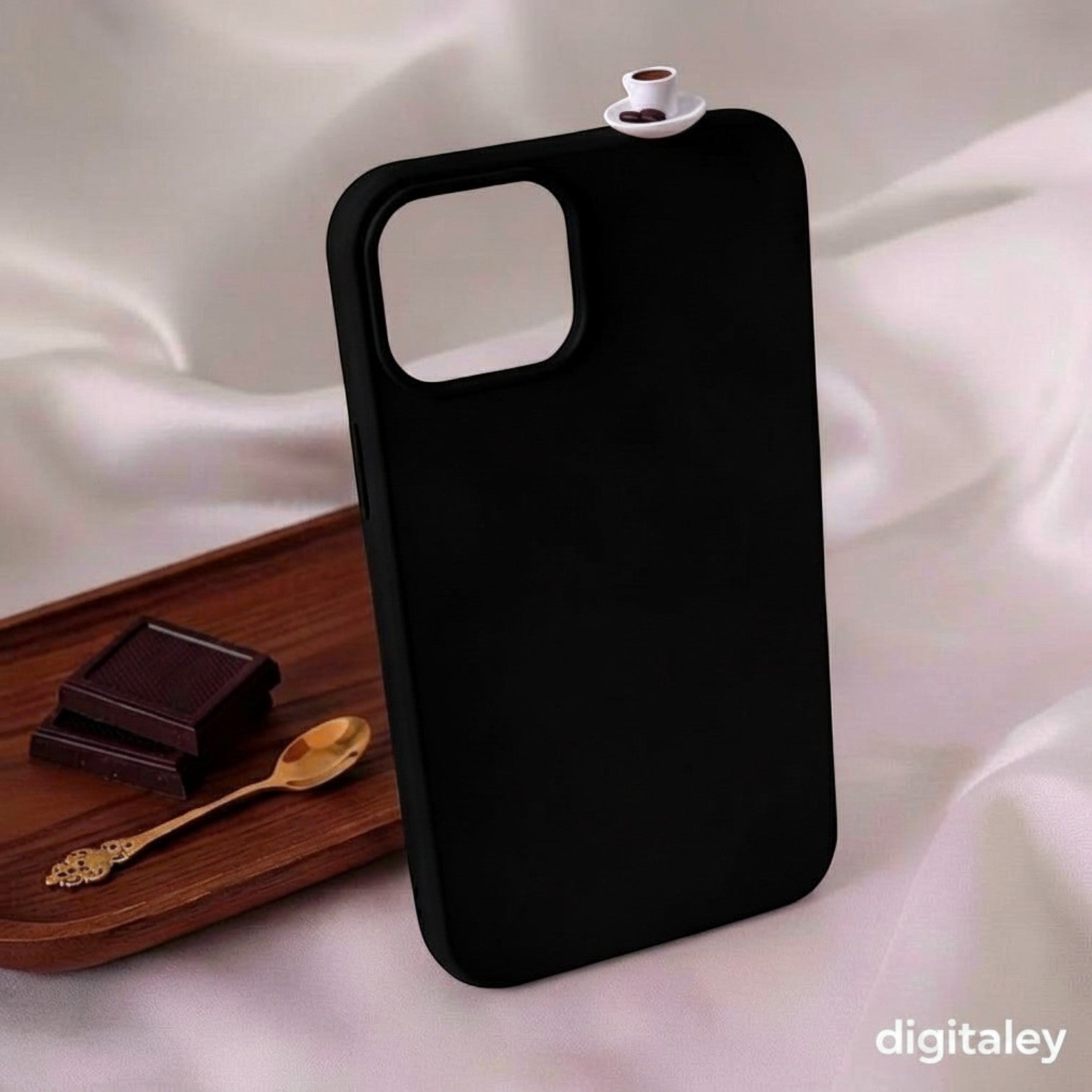 digitaley.co black phone case with 3D miniature Turkish coffee cup and saucer on top corner.
