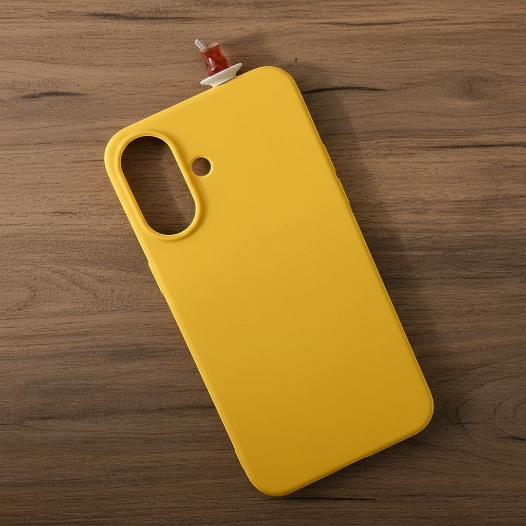 digitaley.co yellow premium silicone phone case with a 3D tea glass motif. Slim-waist design for all iPhone models.