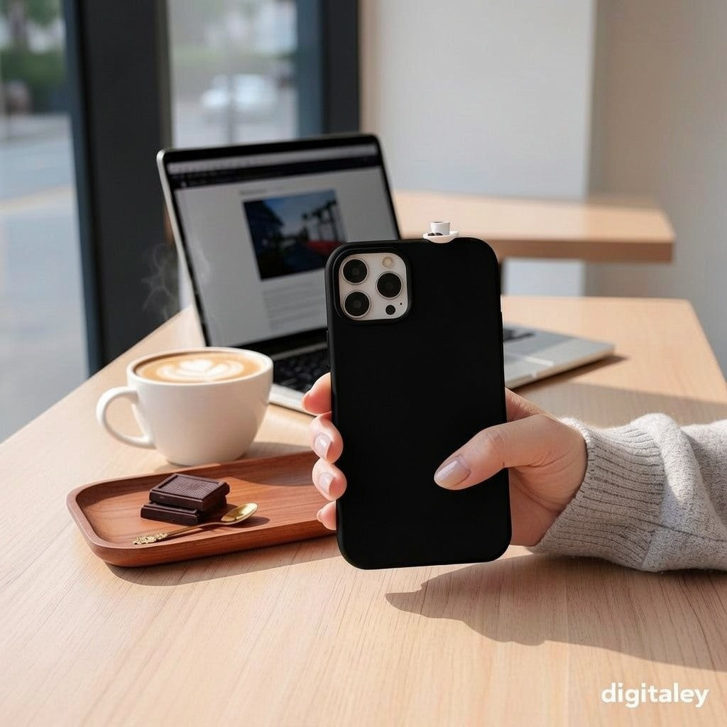 Black phone case with 3D miniature Turkish coffee cup and chocolate charm, from digitaley.co