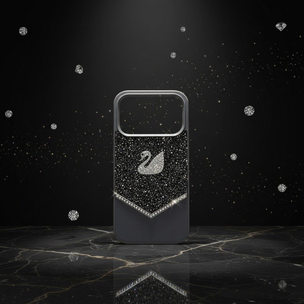 digitaley.co grey iPhone case with sparkling crystal swan motif and chevron detail.