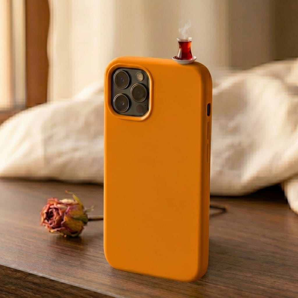 digitaley.co mustard yellow silicone iPhone case with a 3D tea glass motif on top. Features camera cutout.