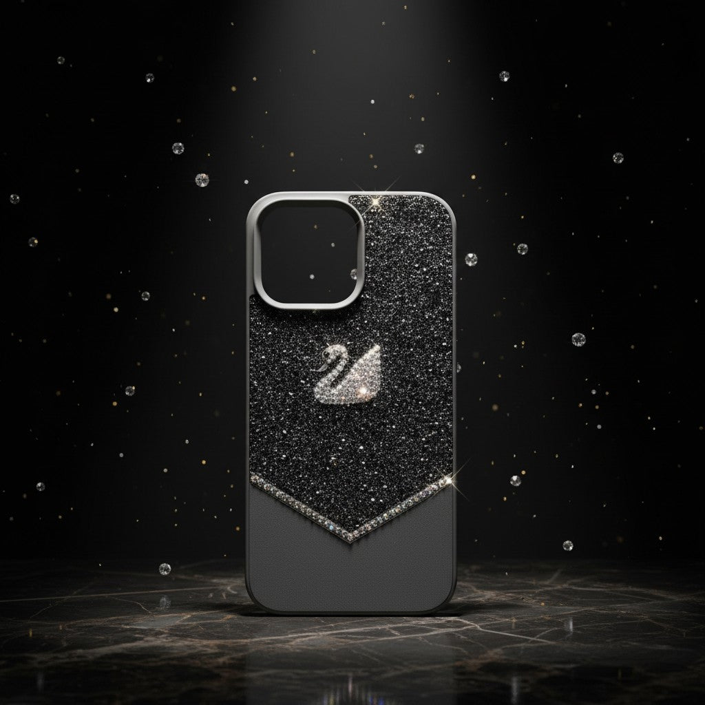 digitaley.co iPhone case with sparkling black crystals and a white swan motif. Features a chevron design at the bottom with clear crystals.