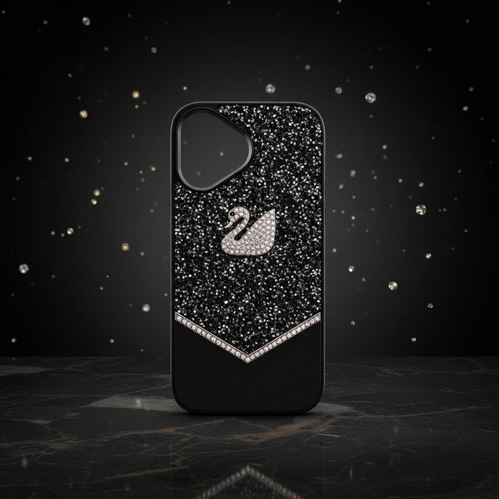digitaley.co black iPhone case with sparkling crystal embellishments and a white swan motif. Features a chevron pattern of crystals at the bottom.