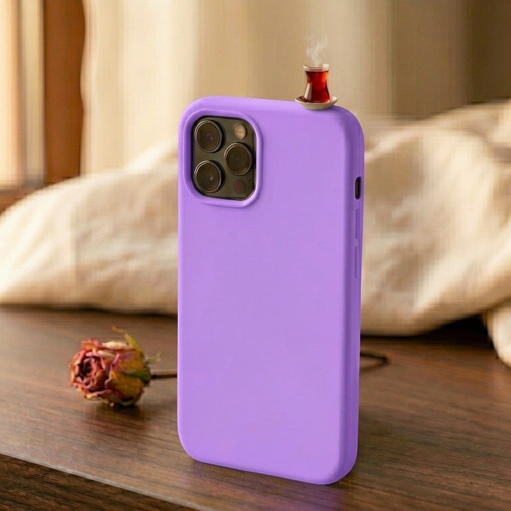 digitaley.co purple silicone iPhone case with a 3D tea glass motif on top. Slim-waist design.