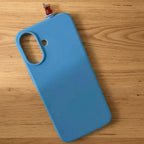 digitaley.co blue silicone phone case with a miniature tea glass motif on the back. Slim-waist design.