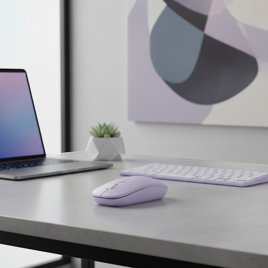 digitaley.co pastel blue wireless keyboard and mouse set on a desk with a laptop and plant.