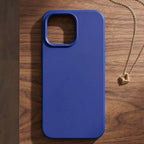 digitaley.co blue matte silicone phone case with velvet lining and raised bezel for screen protection.