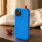 digitaley.co blue premium silicone iPhone case with a 3D slim-waist tea glass motif and steam detail.