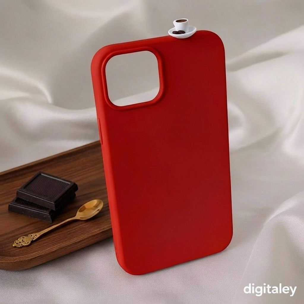 digitaley.co red phone case with 3D miniature Turkish coffee cup and chocolate charm