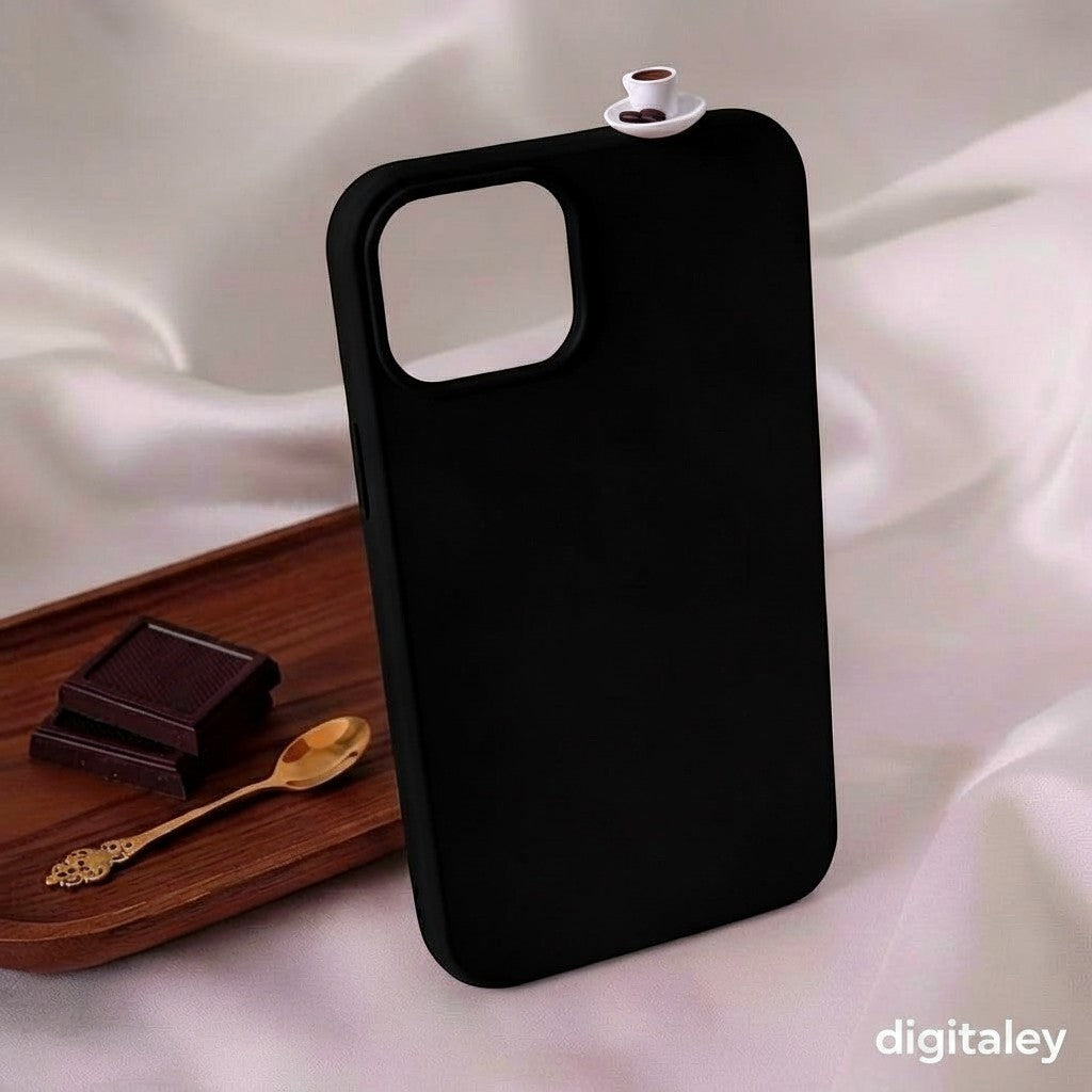 digitaley.co black phone case with 3D miniature Turkish coffee cup and chocolate charm