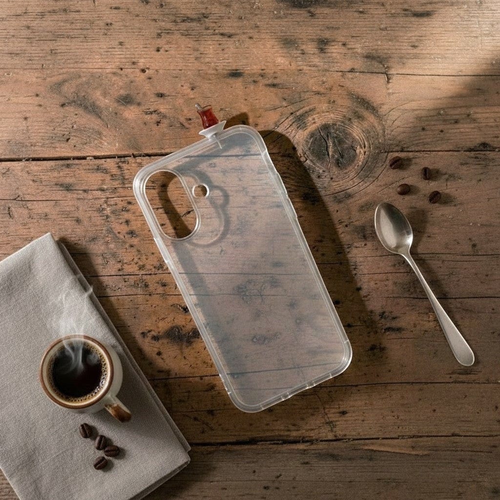 digitaley.co clear silicone iPhone case with a red tea glass motif on a wooden table with coffee and a spoon.