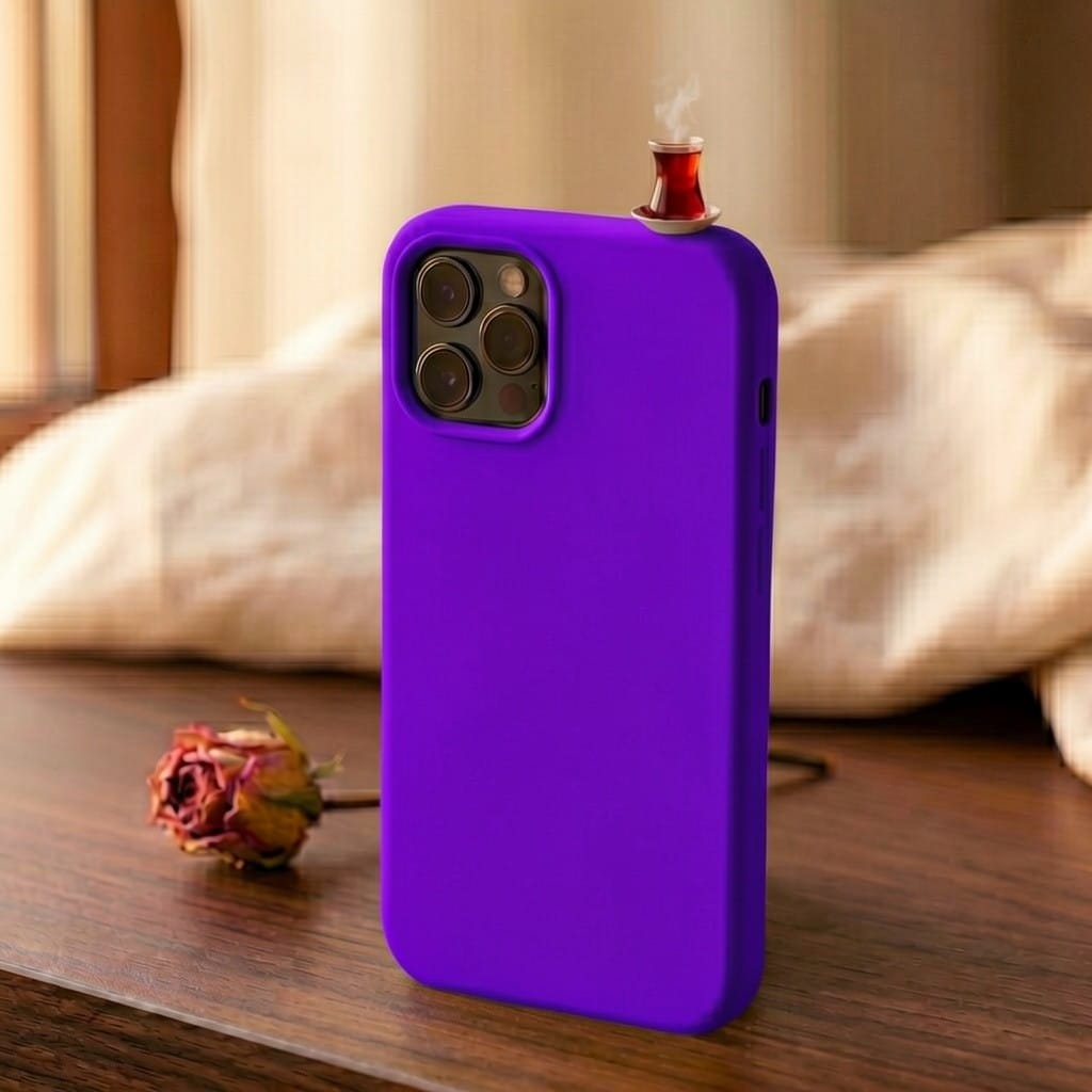 digitaley.co mustard yellow silicone iPhone case with a miniature tea glass motif on top. Features camera cutout.