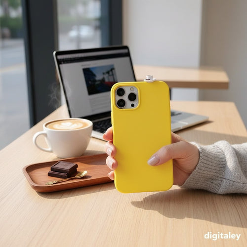 digitaley.co yellow phone case with 3D miniature Turkish coffee cup and chocolate charm