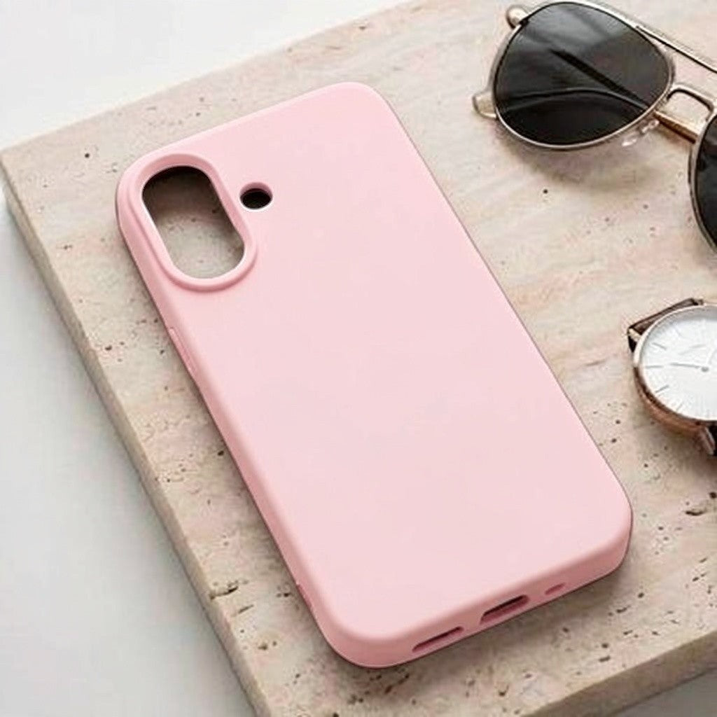 digitaley.co pink silicone phone case with velvet lining and raised camera protection, minimalist style.