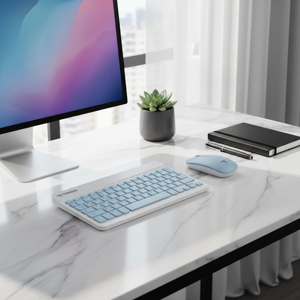 digitaley.co pastel blue wireless keyboard and mouse set with quiet keys and ergonomic design.