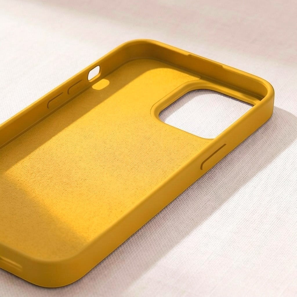 digitaley.co yellow silicone phone case with soft velvet lining and matte finish.