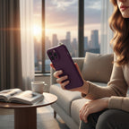 digitaley.co purple phone case with 3D miniature Turkish coffee cup and saucer accessory.