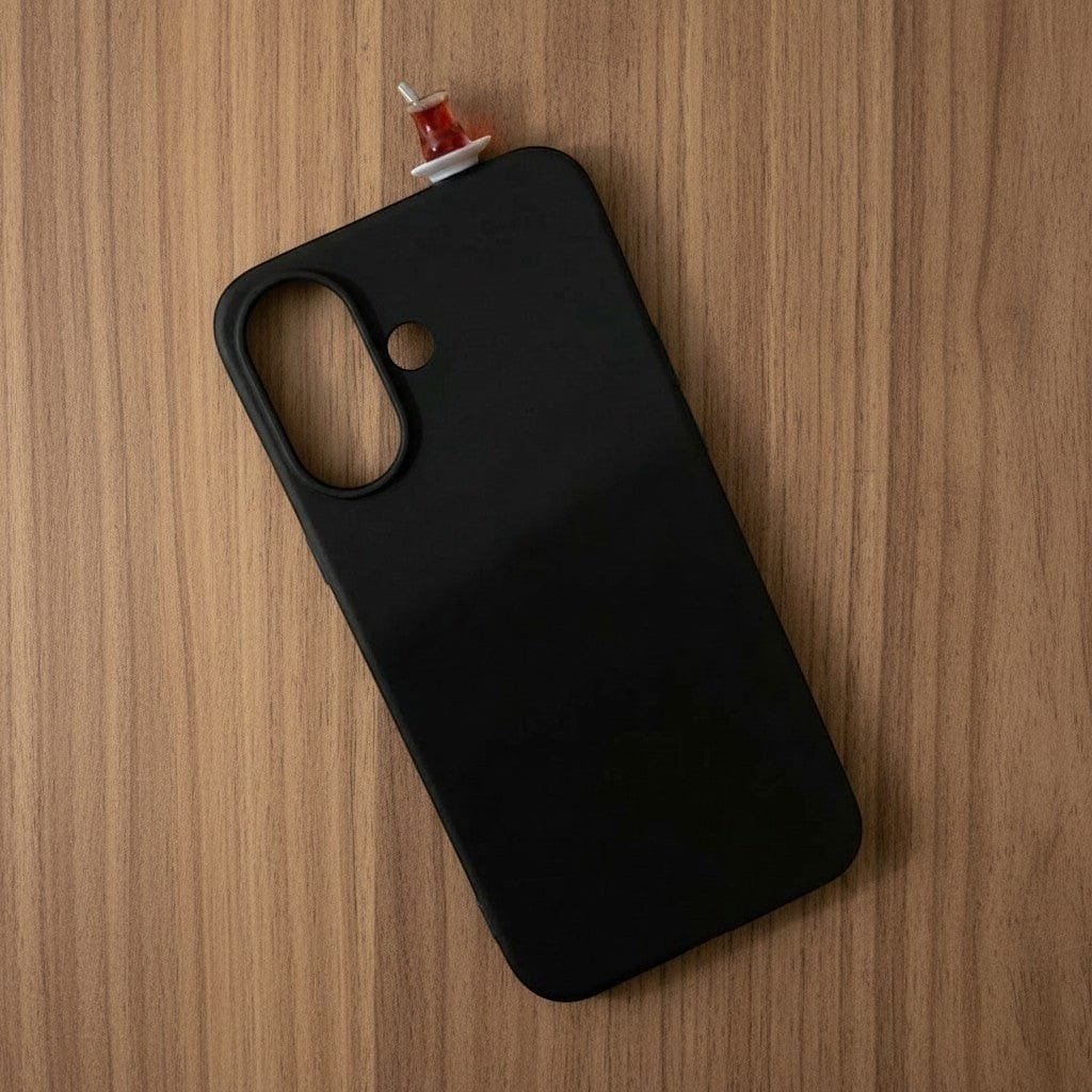 digitaley.co black premium silicone iPhone case with a miniature tea glass motif on top.