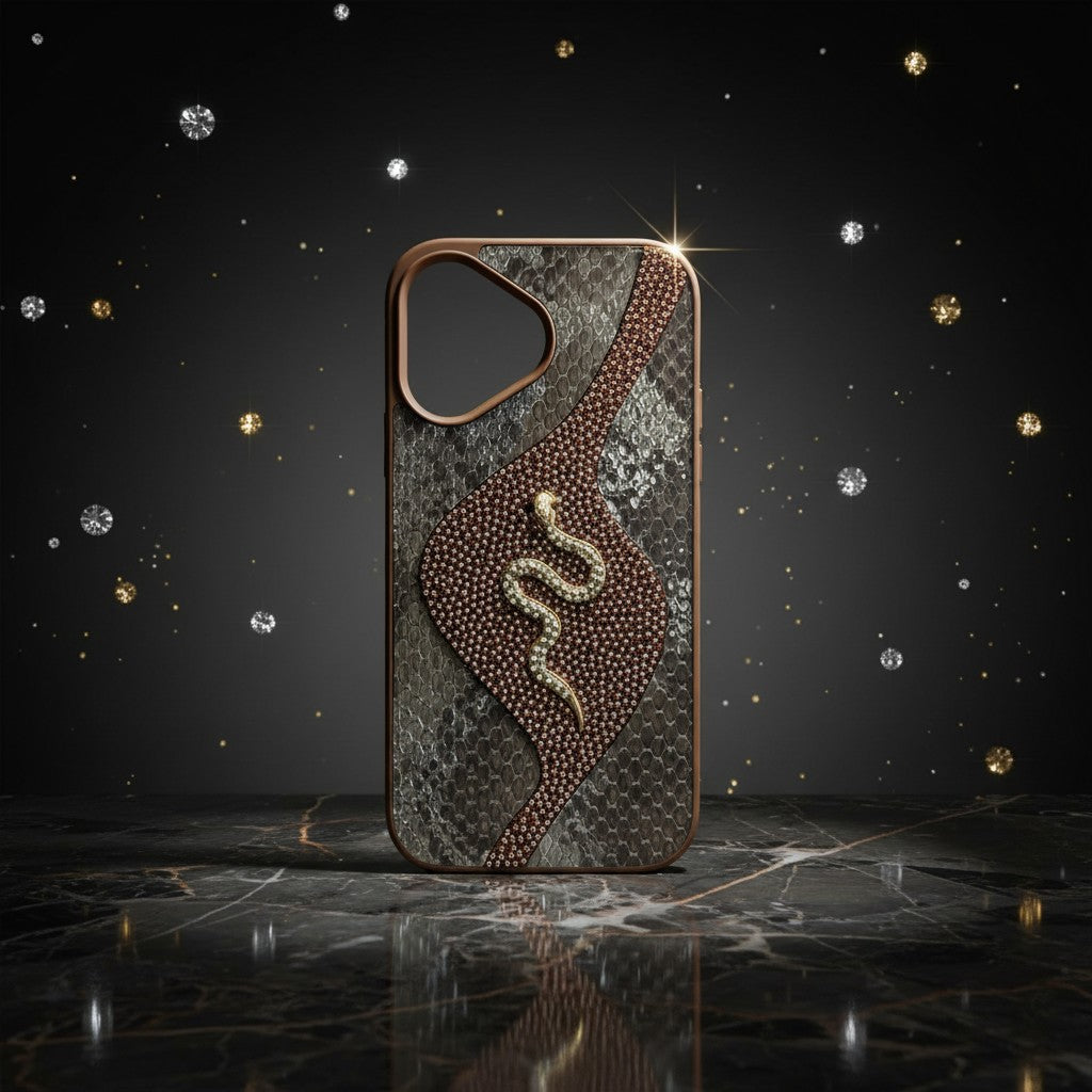 digitaley.co iPhone case with snake motif, embellished with crystals and textured snake print. Brown trim.